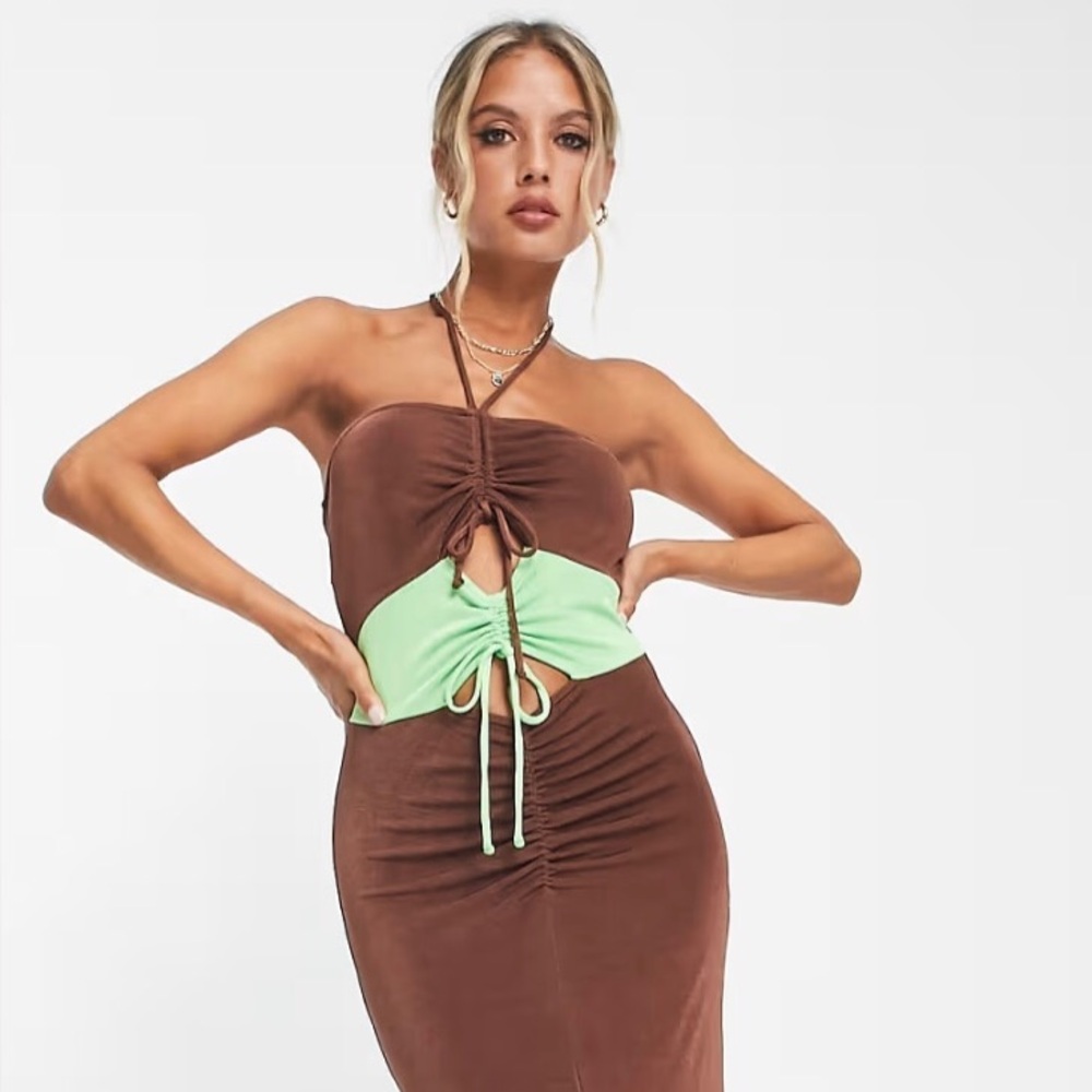 Topshop Brown and Mint Halter Maxi Dress with Ruched Front